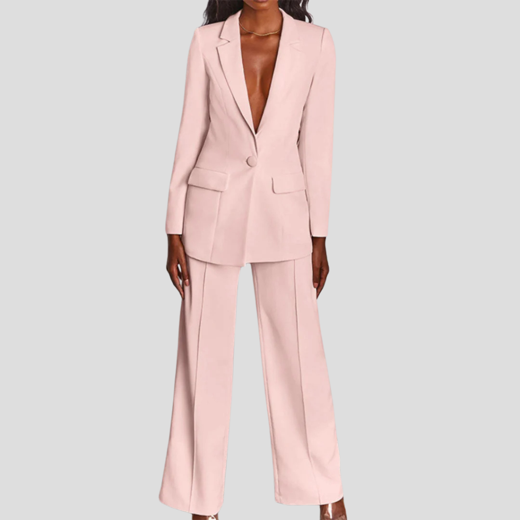 Women's Two Piece Set | Deep V Blazer, Wide Pressed Leg