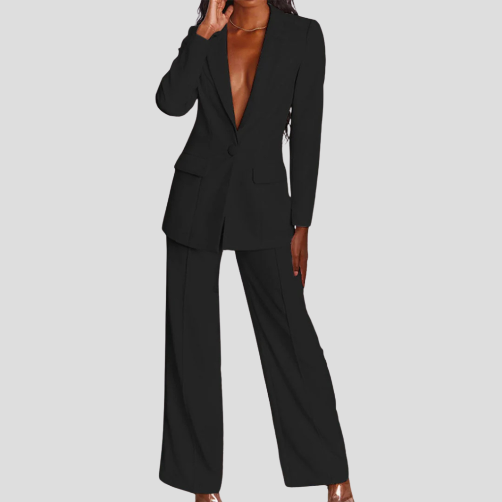 Women's Two Piece Set | Deep V Blazer, Wide Pressed Leg