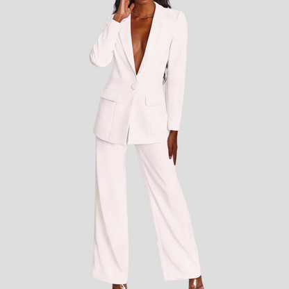 Women's Two Piece Set | Deep V Blazer, Wide Pressed Leg