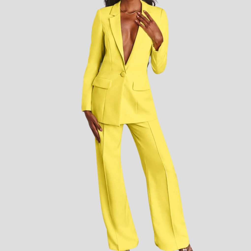 Women's Two Piece Set | Deep V Blazer, Wide Pressed Leg
