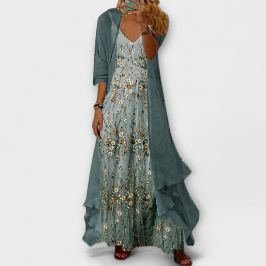 Women's Two Piece Set | Floral Print Dress with Duster