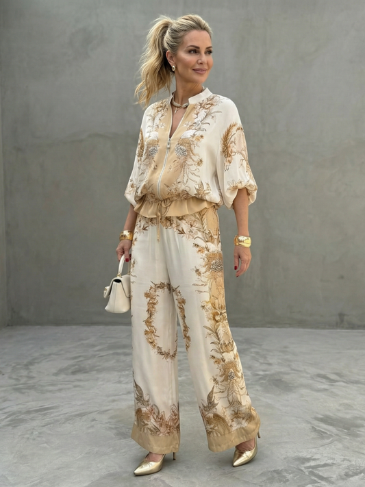 Women's Two Piece Set | Floral Print Zip-Up Loose Fit