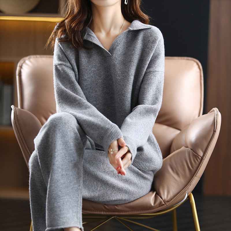 Women's Two Piece Set | Open Collar Top, Ribbed Cuffs
