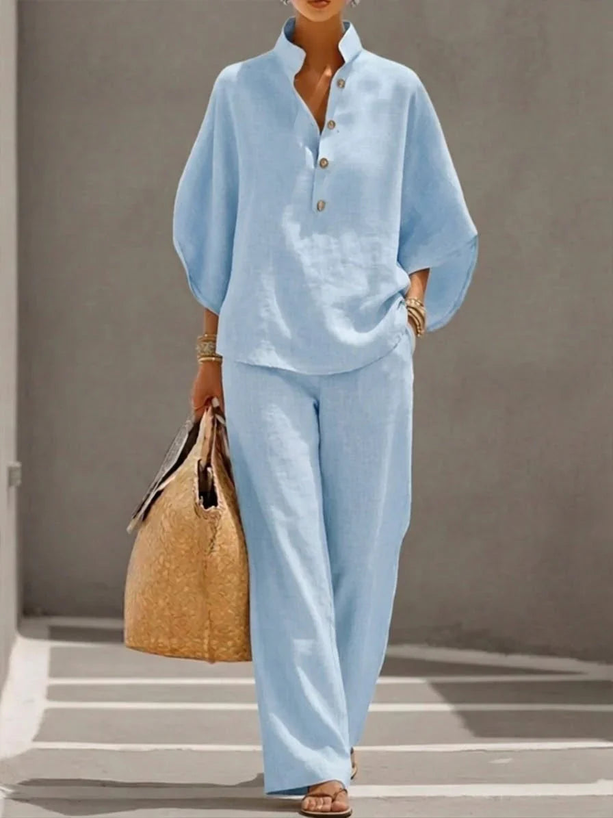 Women's Two Piece Set | Stand Collar Top, Wide Leg Trousers