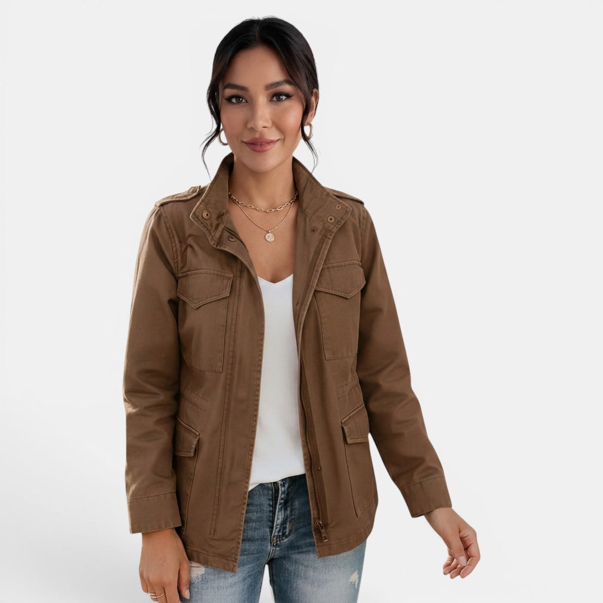 Women's Utility Jacket | Adjustable Collar & Four-Pocket Design