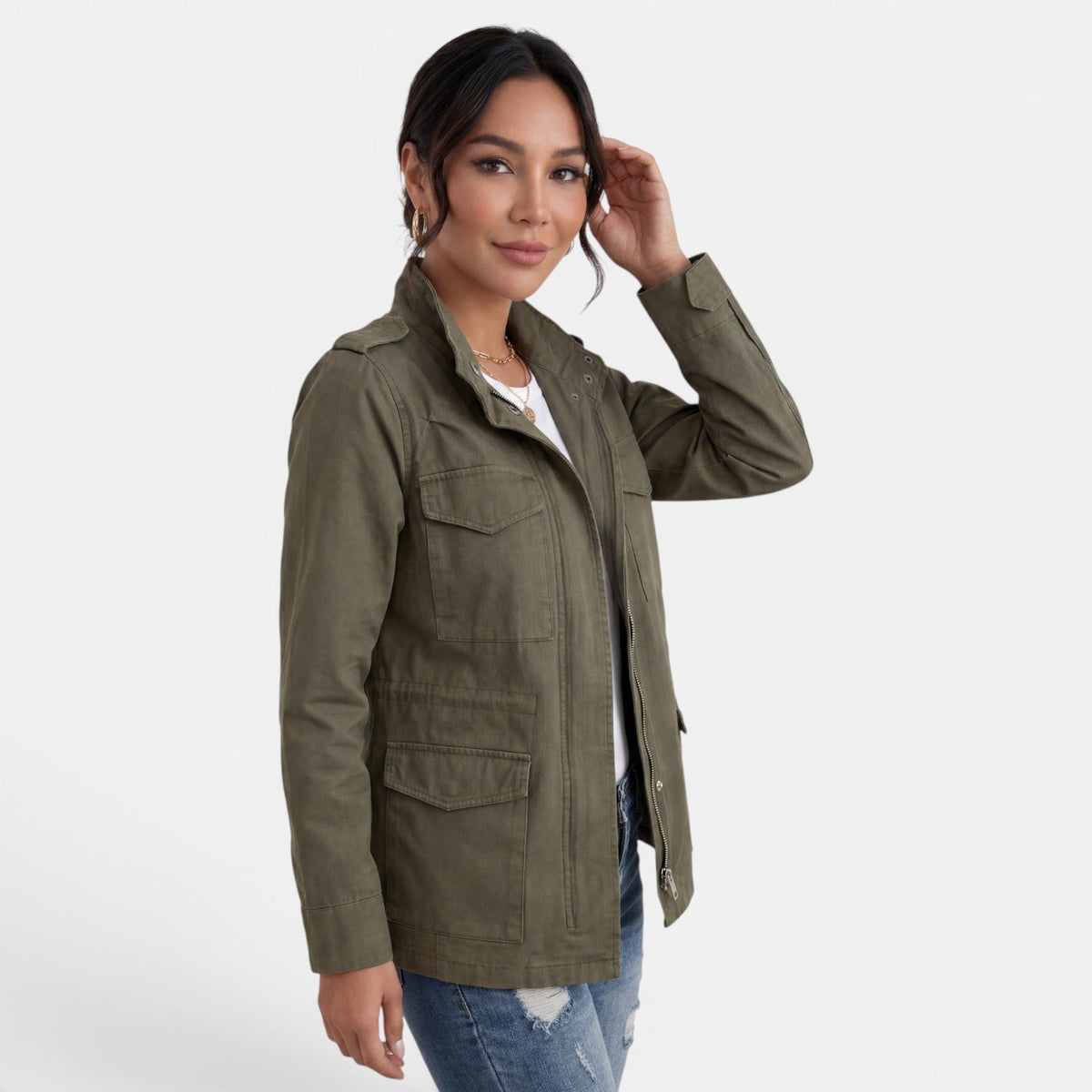 Women's Utility Jacket | Adjustable Collar & Four-Pocket Design