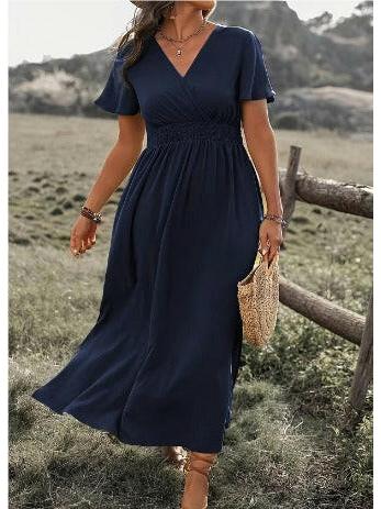 Women's V-Neck Maxi Dress | Smocked Waist & Elegant Side Split