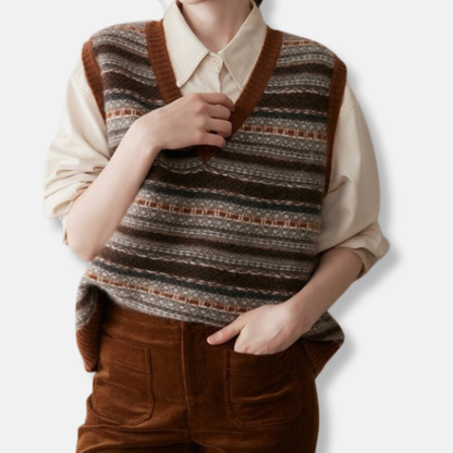 Women's Vest | Patterned Bands, Ribbed V-Neck Trim