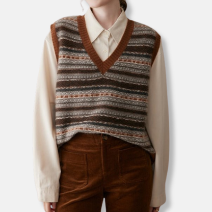 Women's Vest | Patterned Bands, Ribbed V-Neck Trim