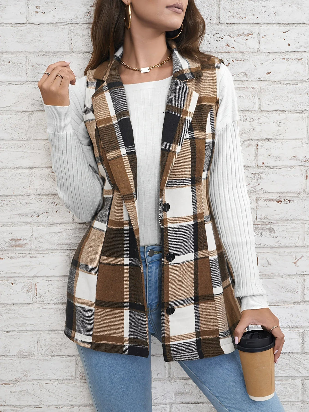 Women's Waistcoat | Notch Lapel, Check Pattern, Longline