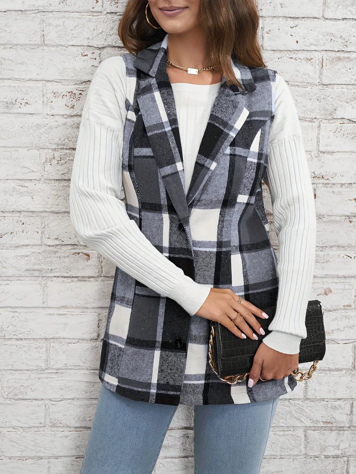 Women's Waistcoat | Notch Lapel, Check Pattern, Longline
