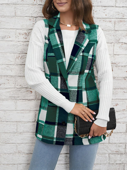 Women's Waistcoat | Notch Lapel, Check Pattern, Longline
