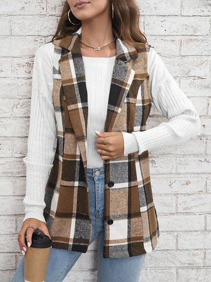 Women's Waistcoat | Notch Lapel, Check Pattern, Longline