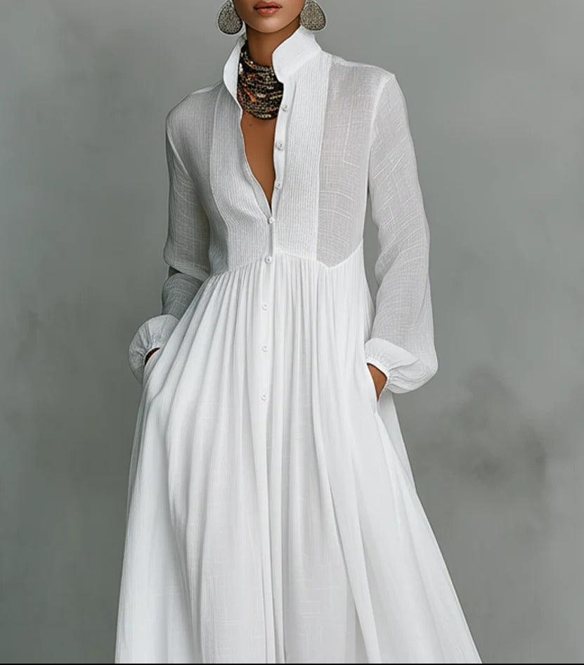 Women's White Long Dress | Flowing Button-Front Maxi