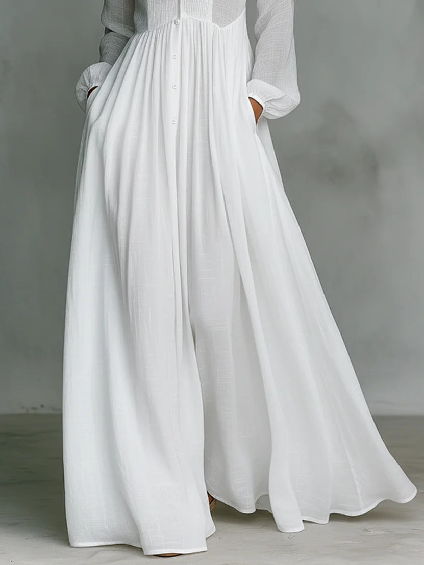 Women's White Long Dress | Flowing Button-Front Maxi