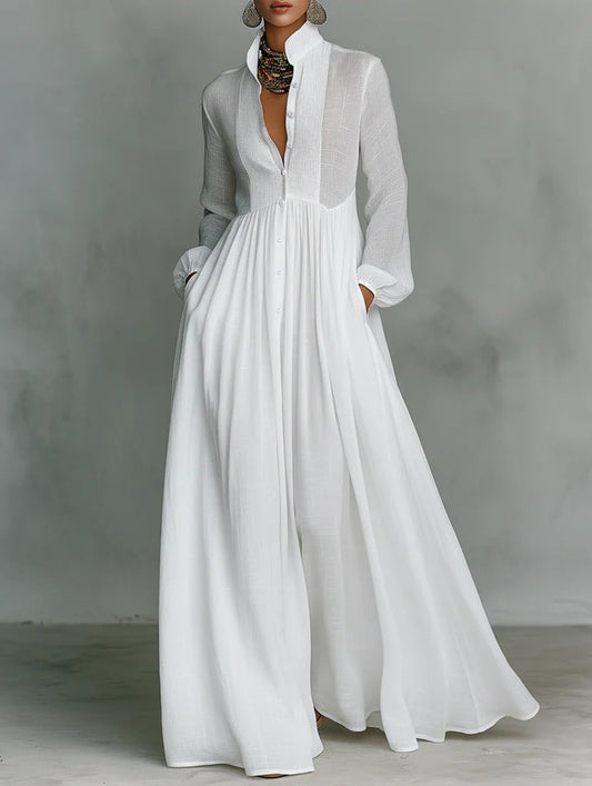 Women's White Long Dress | Flowing Button-Front Maxi