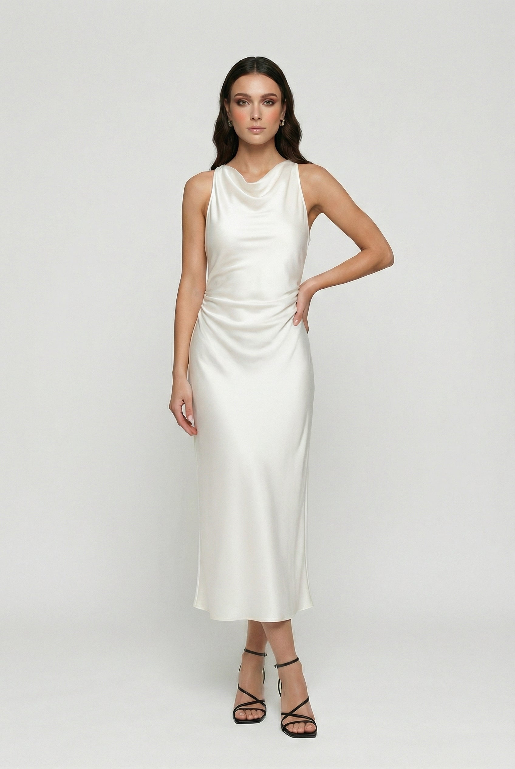 Women's White Maxi Dress | Elegant Cowl Neck & Ruched Waist Design