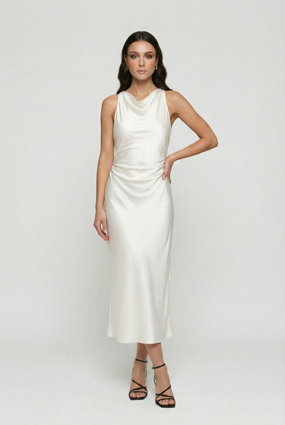 Women's White Maxi Dress | Elegant Cowl Neck & Ruched Waist Design