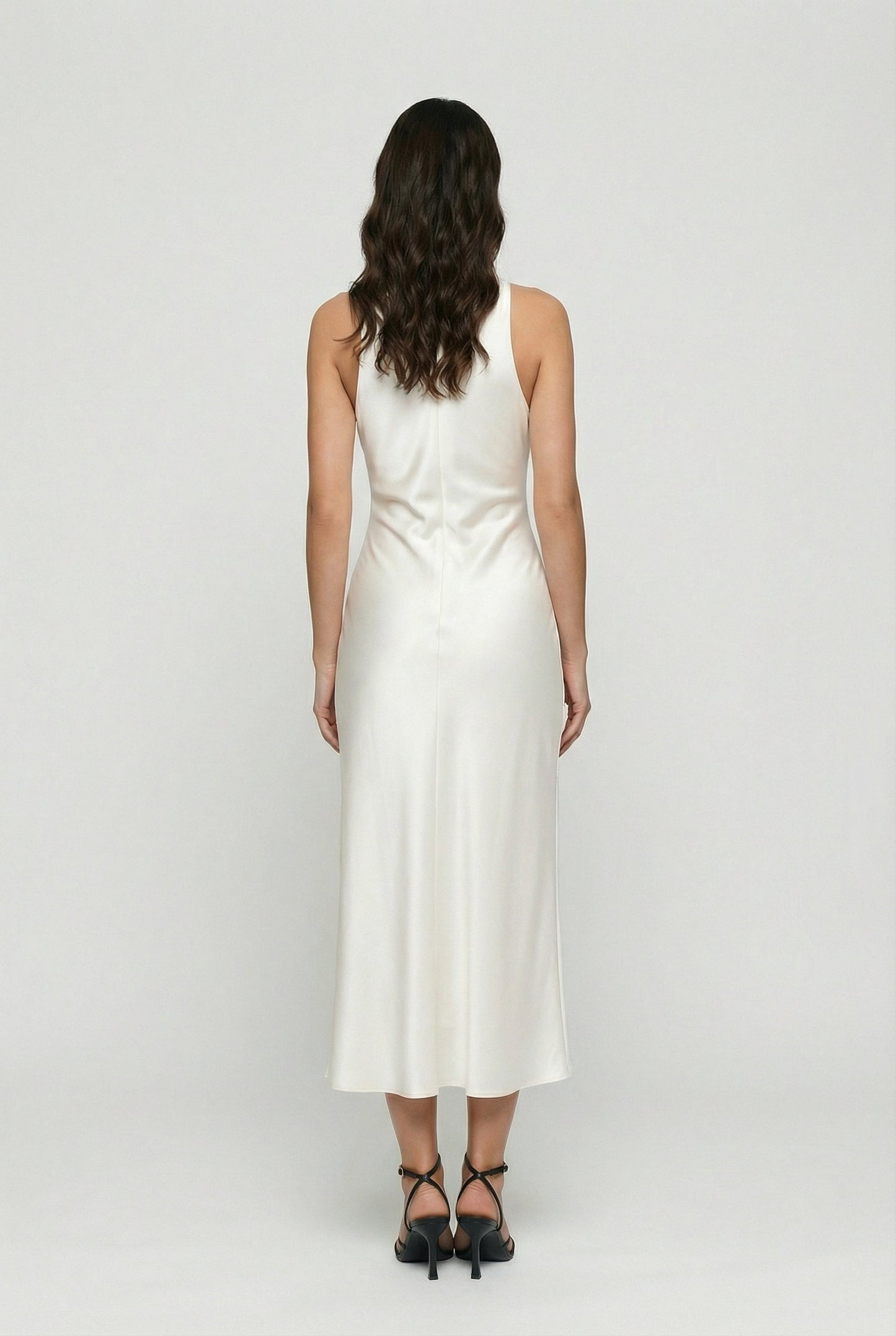 Women's White Maxi Dress | Elegant Cowl Neck & Ruched Waist Design