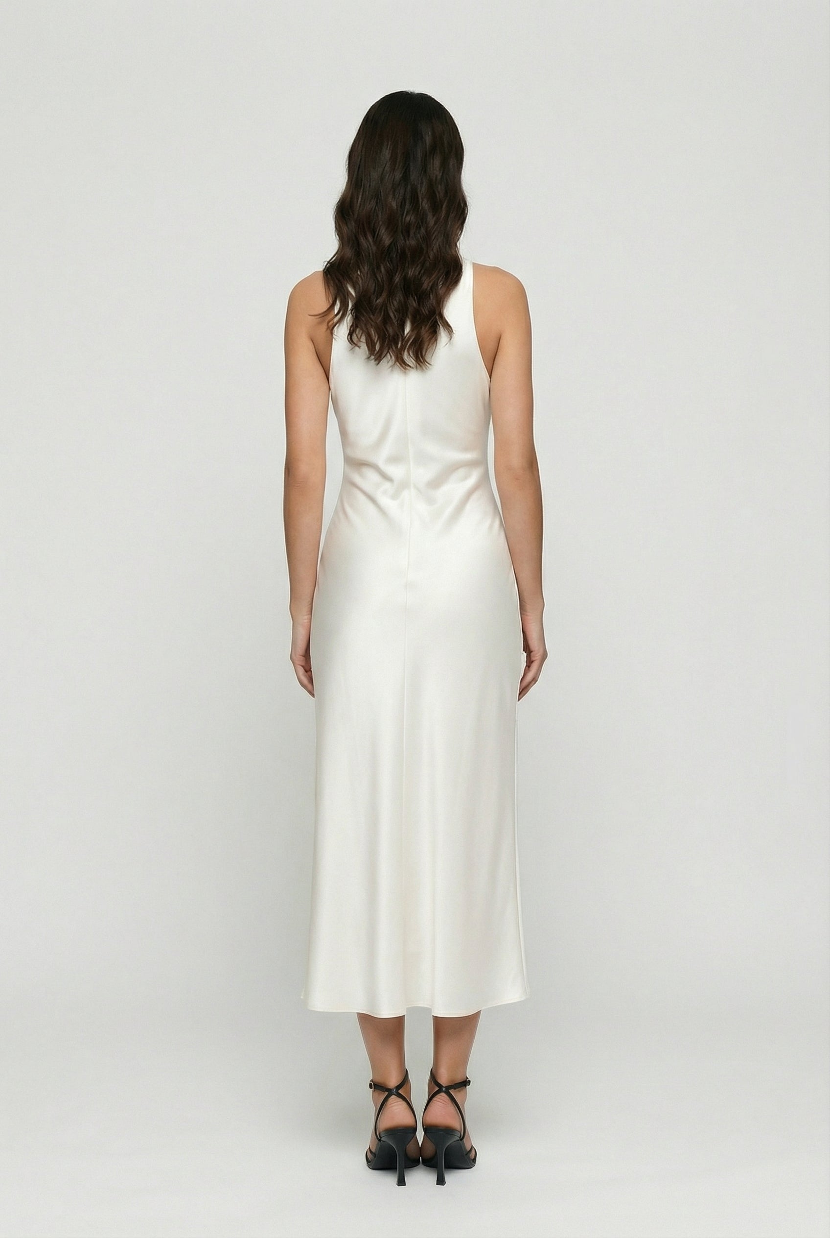 Women's White Maxi Dress | Elegant Cowl Neck & Ruched Waist Design