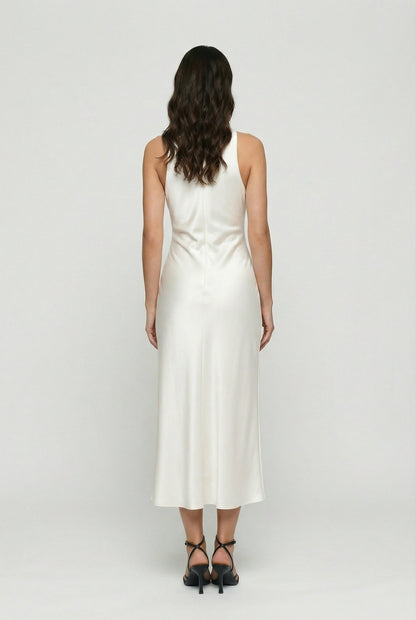Women's White Maxi Dress | Elegant Cowl Neck & Ruched Waist Design