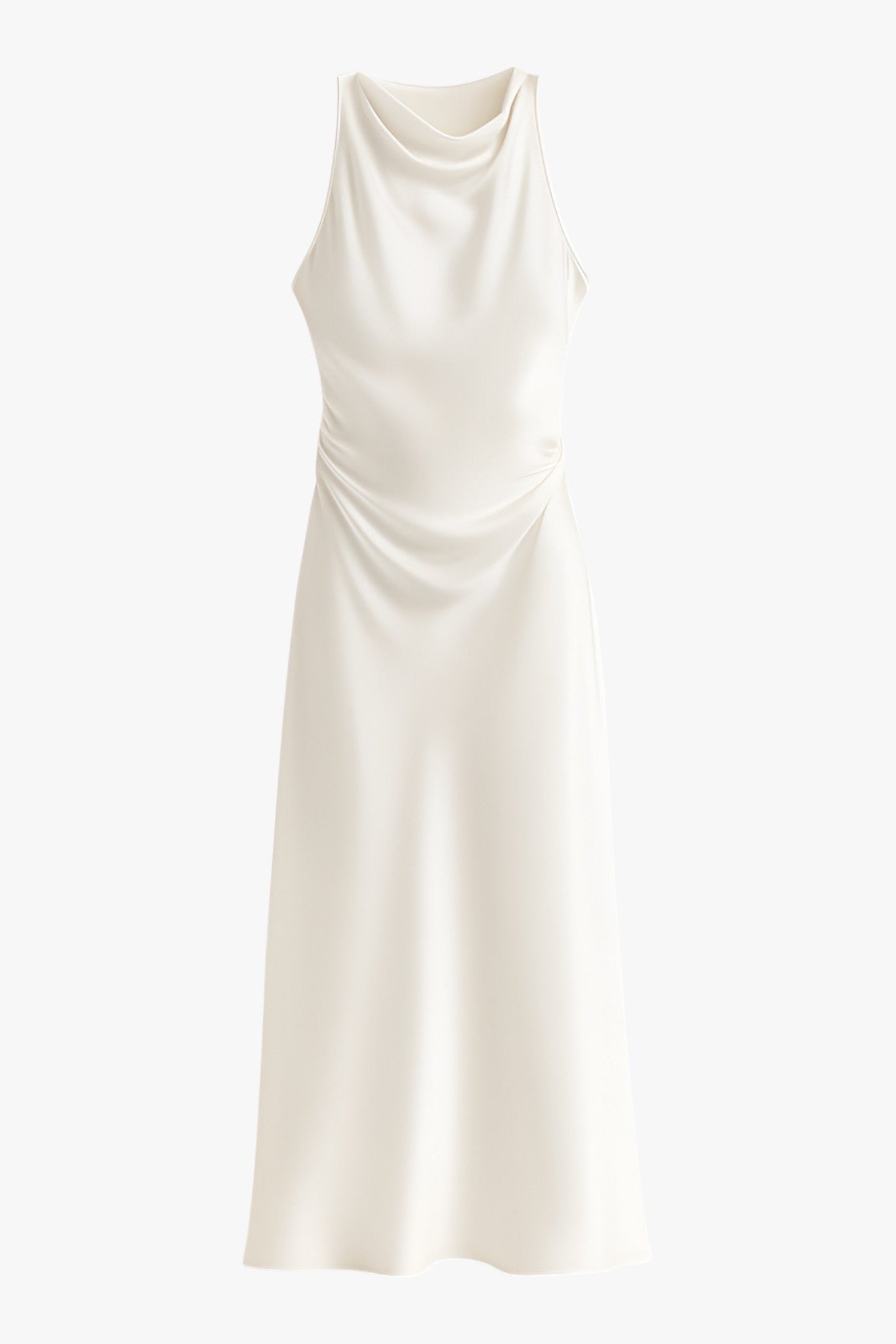 Women's White Maxi Dress | Elegant Cowl Neck & Ruched Waist Design