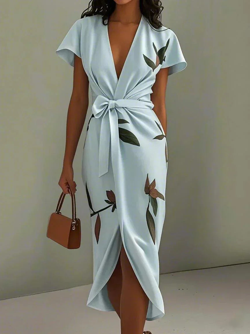 Women's Wrap Midi Dress | Deep V-Neck & Tie Waist Belt