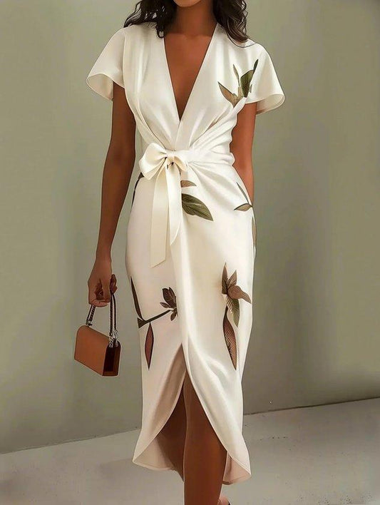 Women's Wrap Midi Dress | Deep V-Neck & Tie Waist Belt