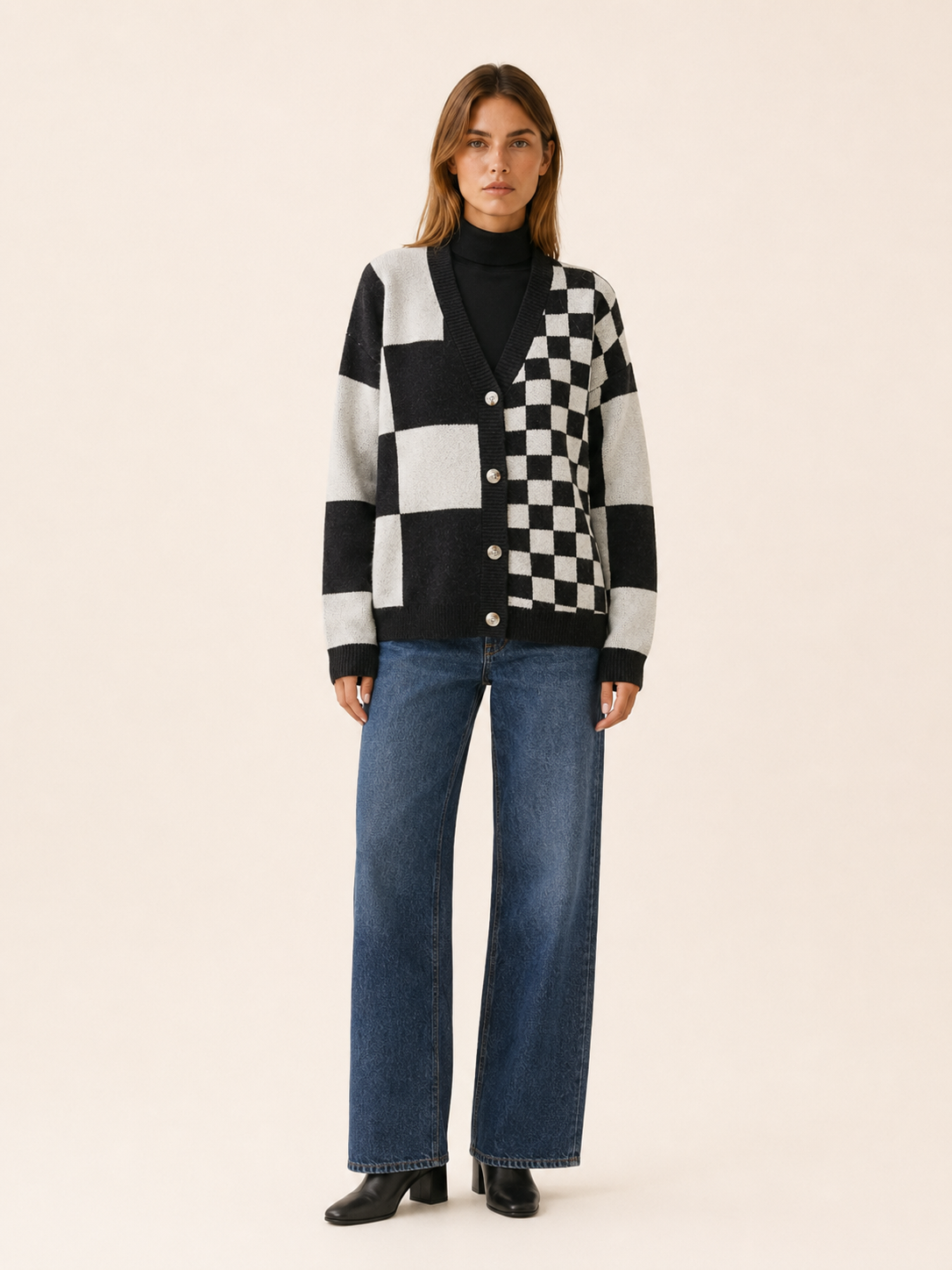Women's Checked Knit Cardigan | V-Neck Button Front