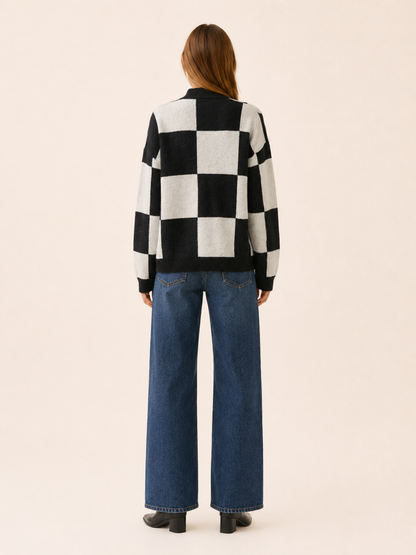Women's Checked Knit Cardigan | V-Neck Button Front