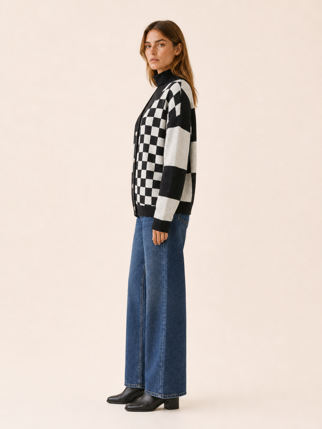 Women's Checked Knit Cardigan | V-Neck Button Front