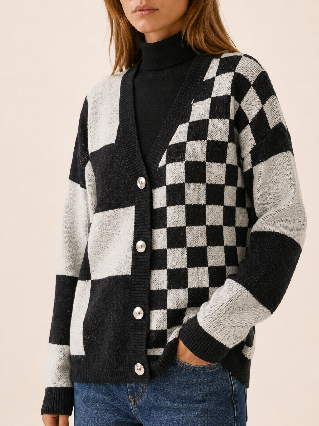 Women's Checked Knit Cardigan | V-Neck Button Front