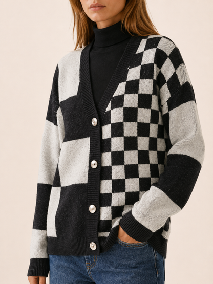 Women's Checked Knit Cardigan | V-Neck Button Front