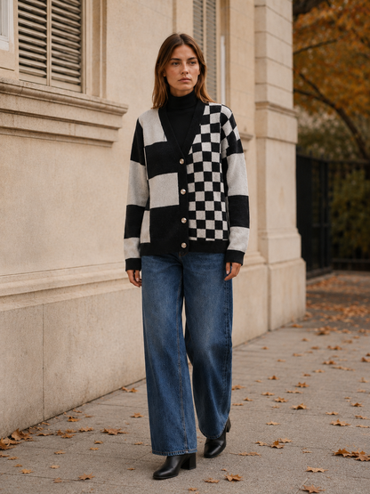 Women's Checked Knit Cardigan | V-Neck Button Front