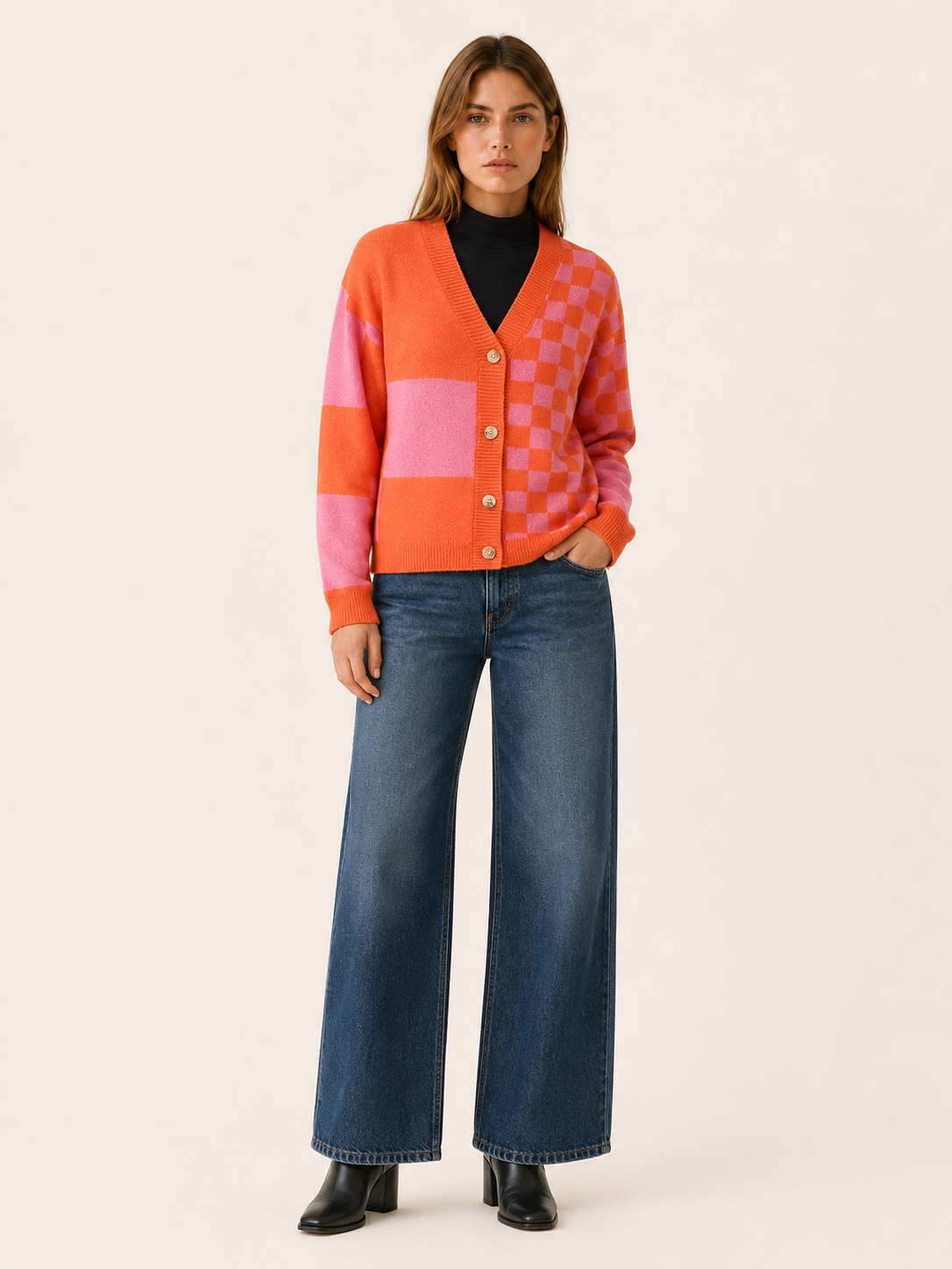 Women's Checked Knit Cardigan | V-Neck Button Front
