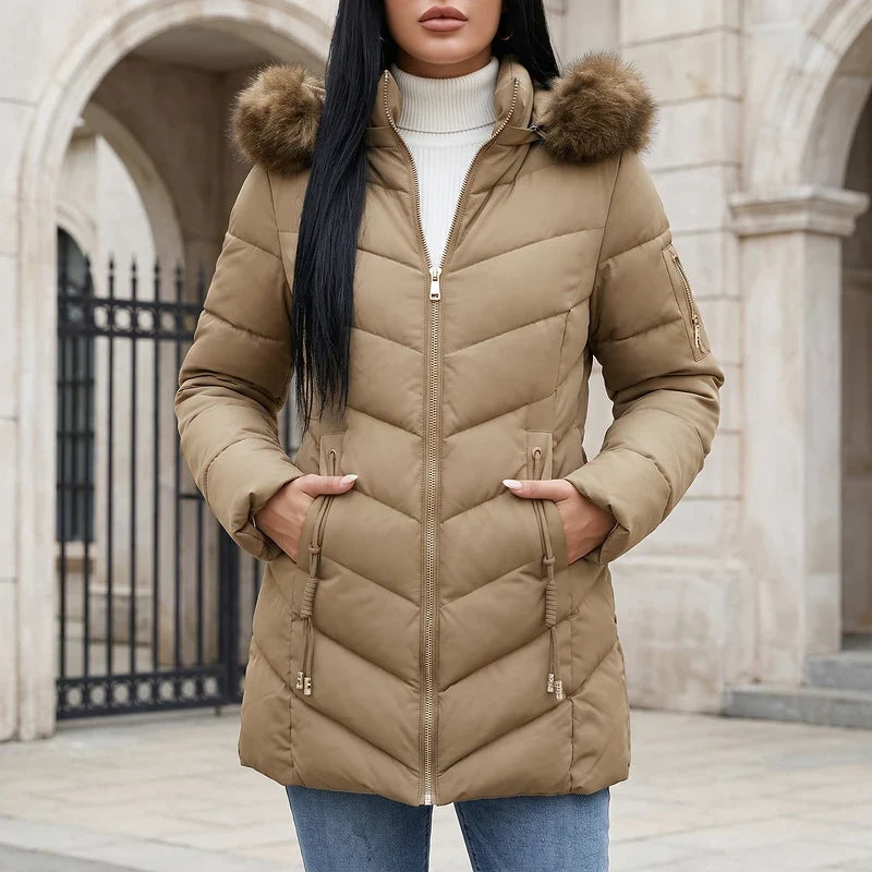 Adelaide Women's Faux Fur Hood Puffer Jacket - Khaki
