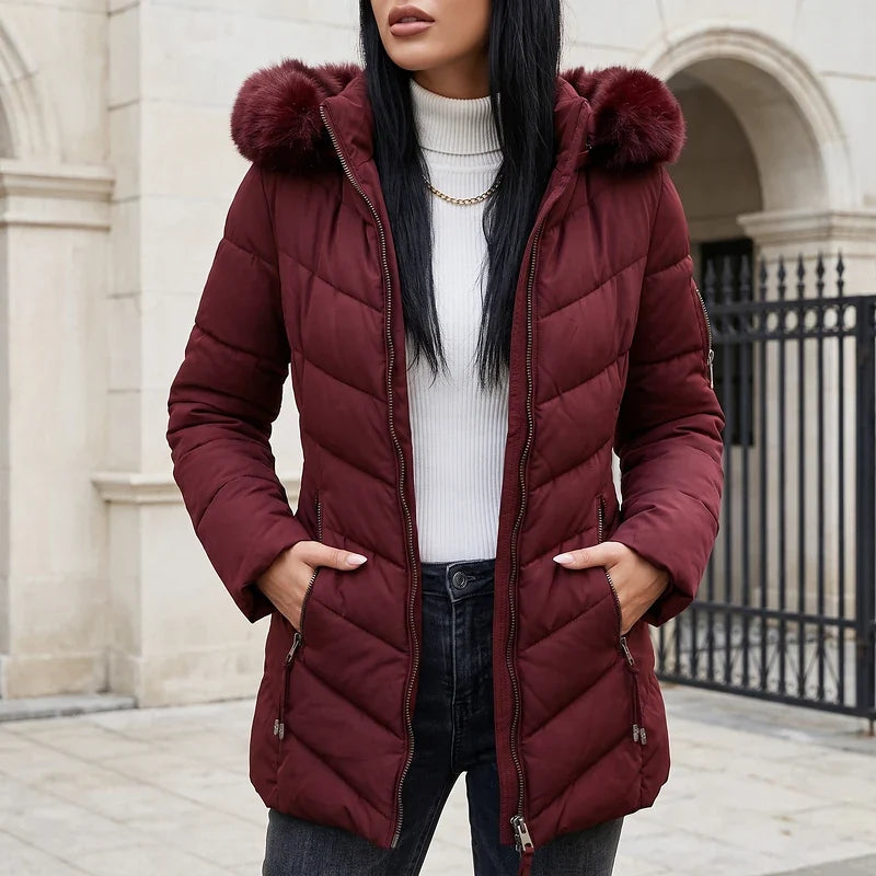 Adelaide Women's Faux Fur Hood Puffer Jacket - Wine Red