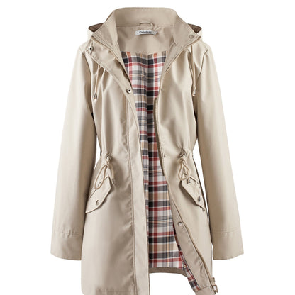 Khaki hooded anorak parka with drawstring waist and zip front