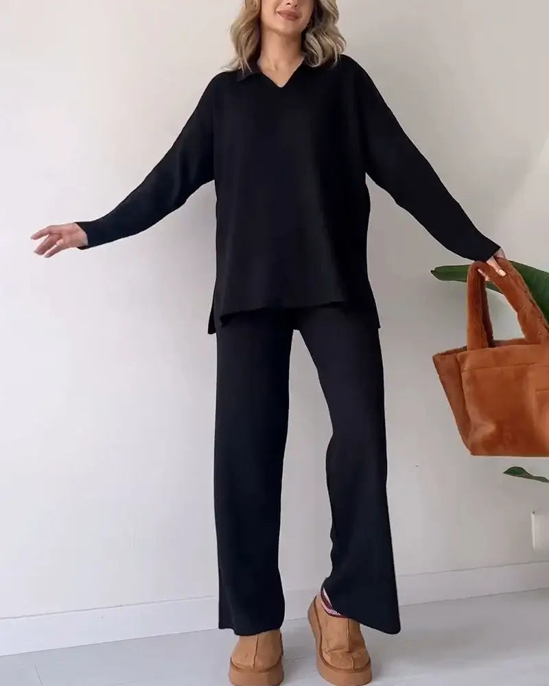 Women's Knit Two-Piece Set | V-Neck & Relaxed Fit 4