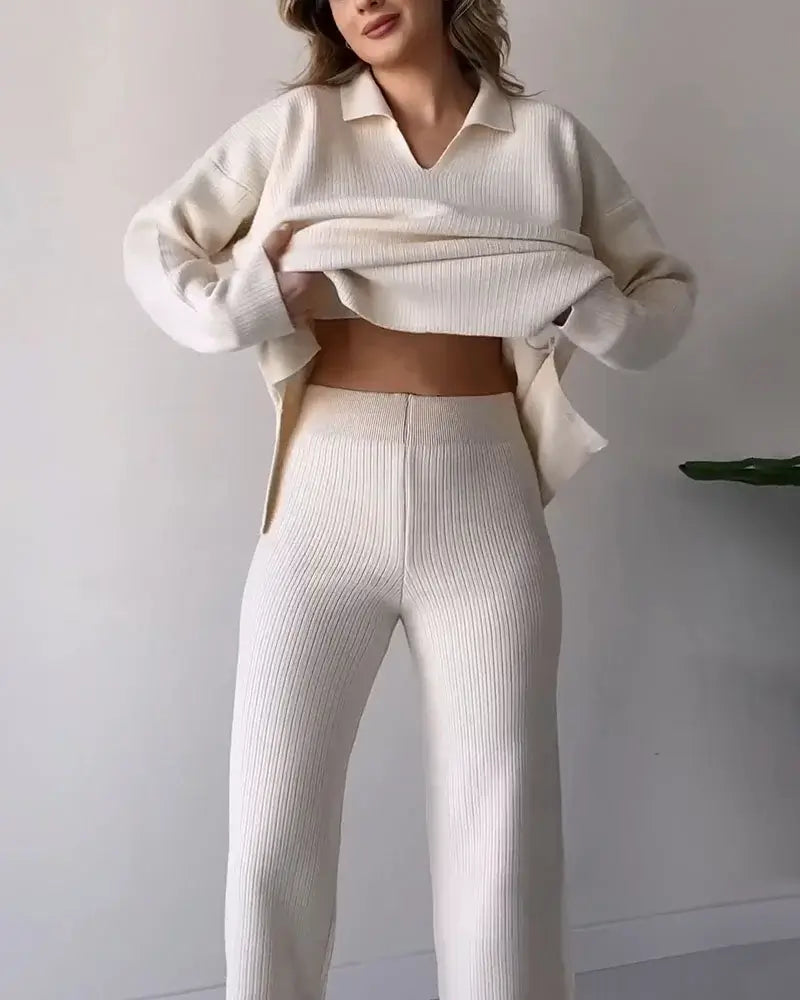 Women's Knit Two-Piece Set | V-Neck & Relaxed Fit 7