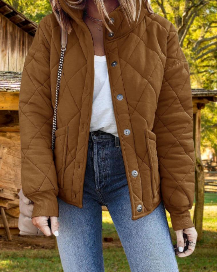 Women’s Diamond-Quilted Padded Jacket – Warm Button-Front Layer for Cooler Seasons