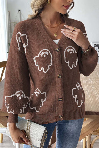 Women's Ghost Print Cardigan | Button Front & Ribbed Cuffs 10