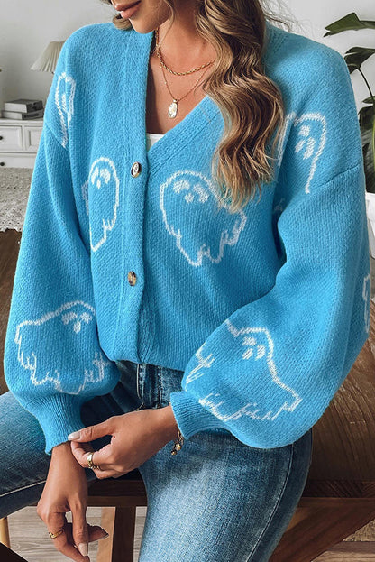 Women's Ghost Print Cardigan | Button Front & Ribbed Cuffs 5