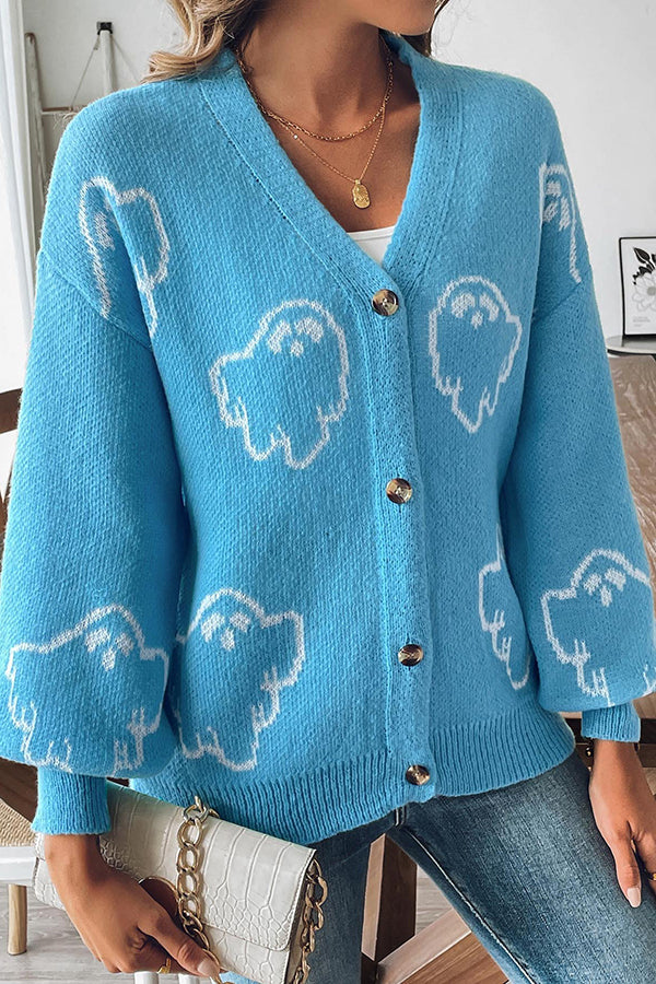 Women's Ghost Print Cardigan | Button Front & Ribbed Cuffs 7