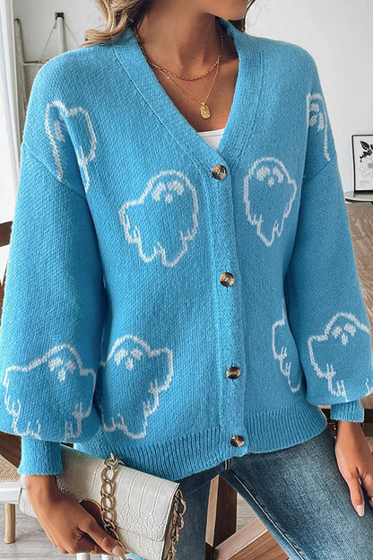 Women's Ghost Print Cardigan | Button Front & Ribbed Cuffs 7