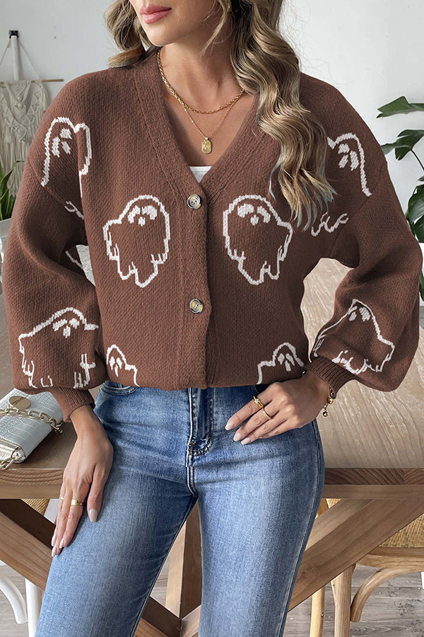 Women's Ghost Print Cardigan | Button Front & Ribbed Cuffs 9