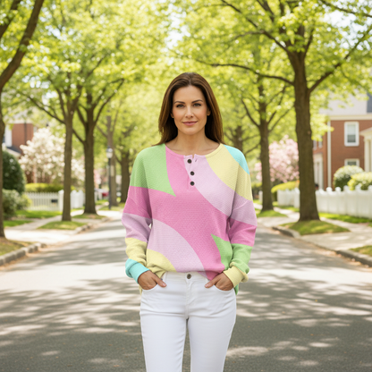Women's Henley Long Sleeve Top | Waffle Texture 3