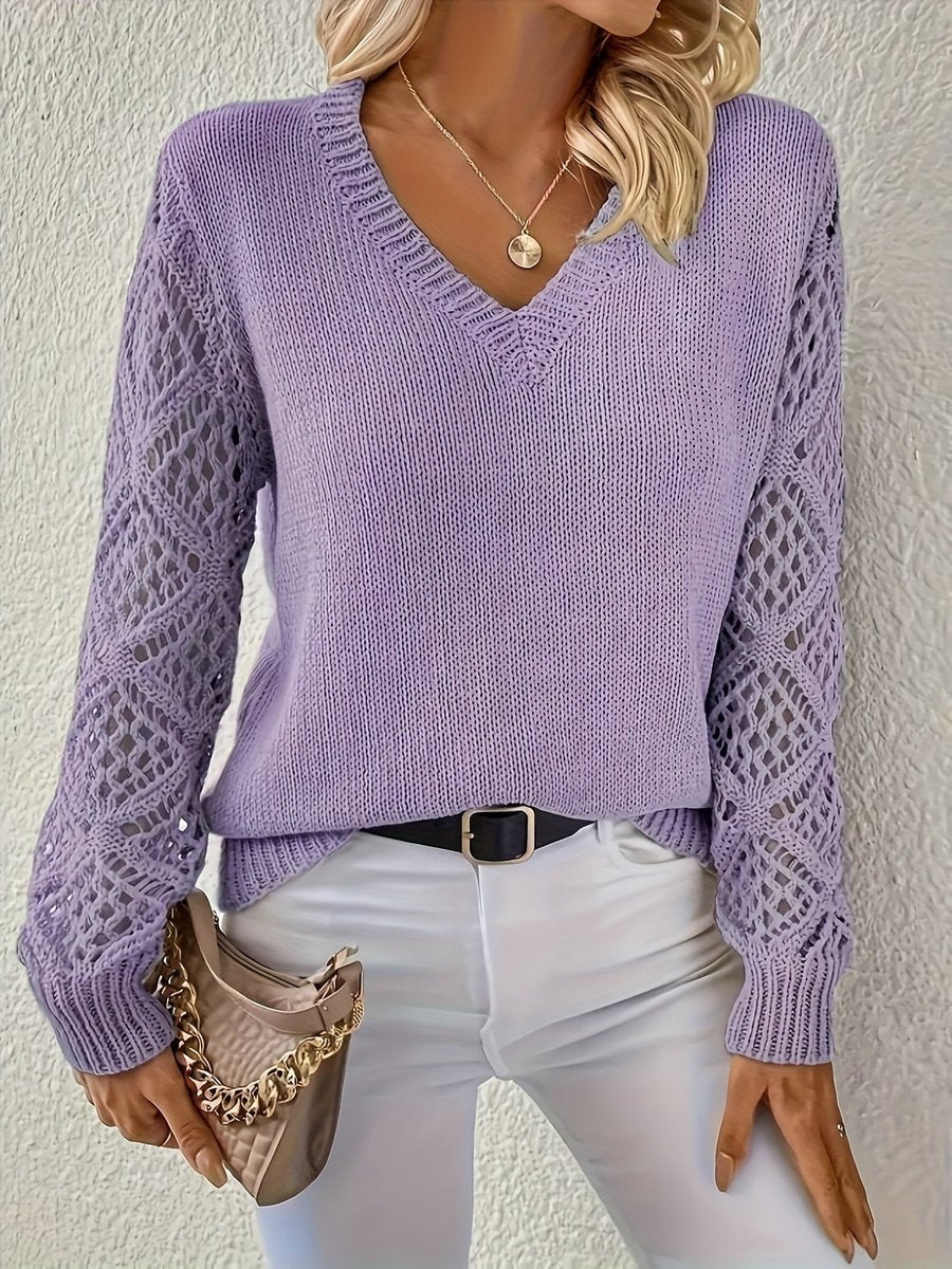Women's Knitted Jumper | V-Neck & Lace-Sleeve Detail 10