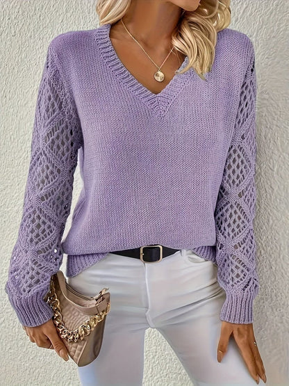 Women's Knitted Jumper | V-Neck & Lace-Sleeve Detail 10