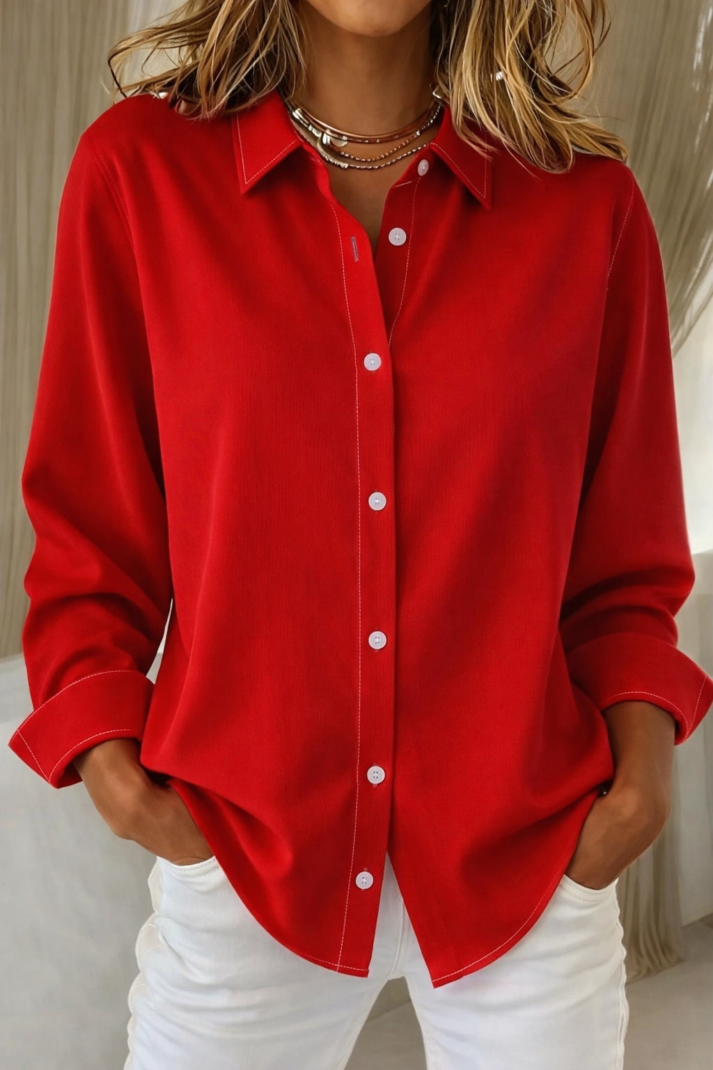 Geraldine | Women's Linen Casual Elegant Collared Blouse — Red